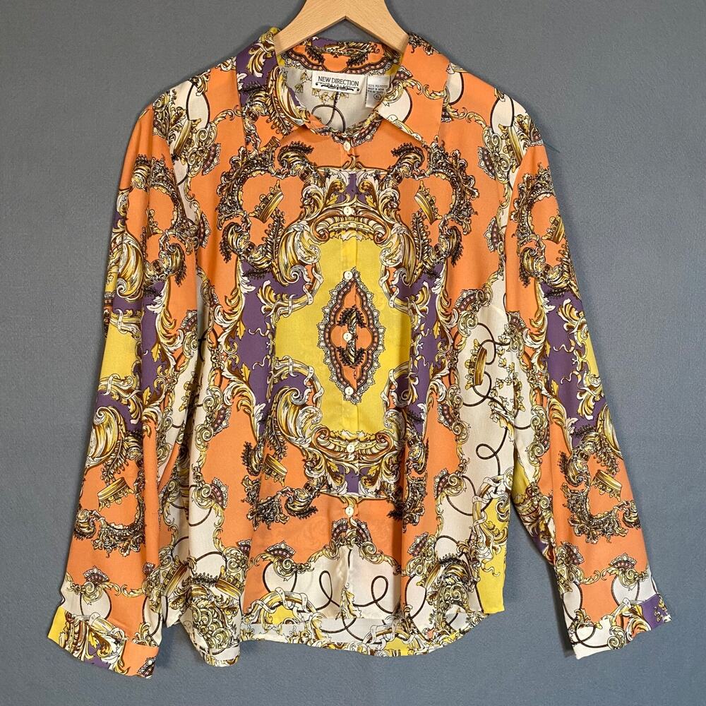 VTG New‎ Direction Womens Button Up Top Size XL Colorful Crowns Royalty Mob Wife